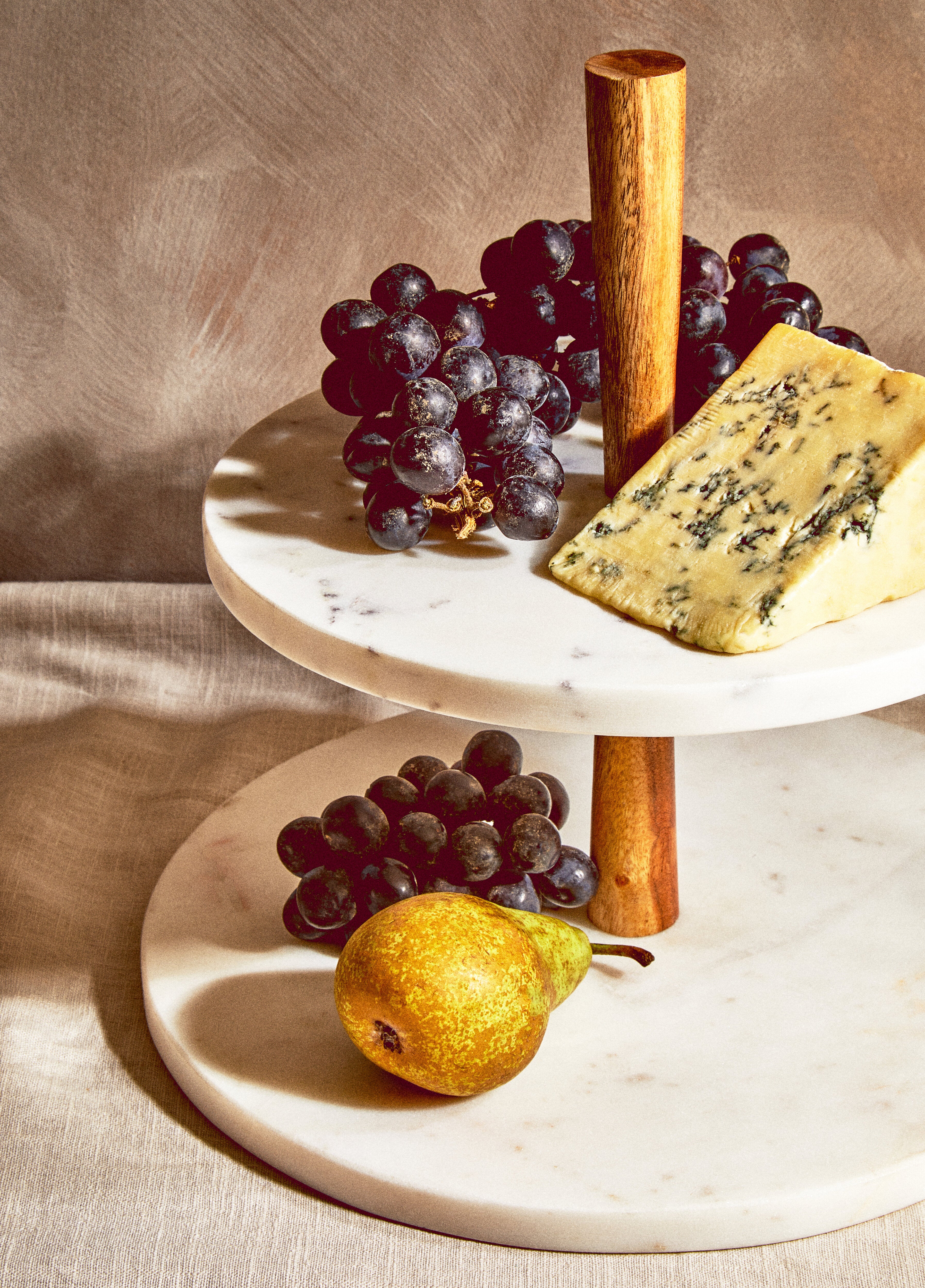 Burano White Marble & Acacia Wood 2 Tier Cake Stand